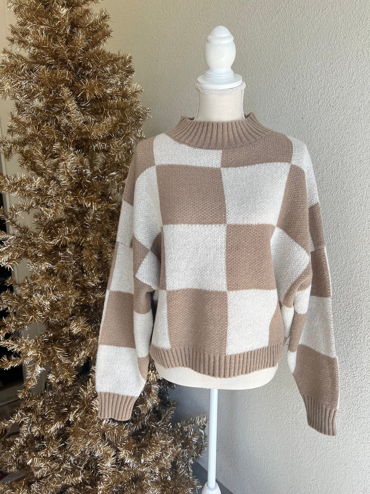 Beige and White Checkered Crew High Neck Sweater
