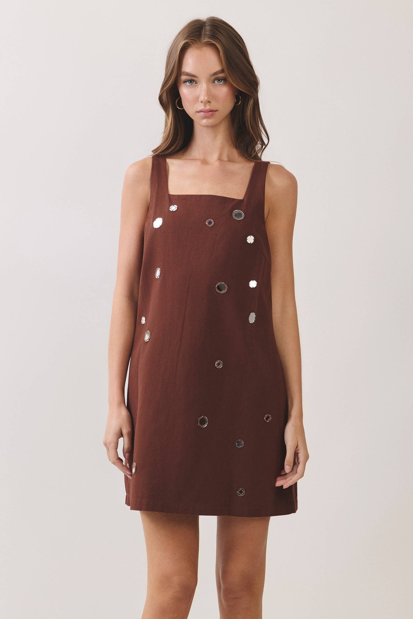 CD07446-Mirror Embellished A-Line Mini Dress: OLIVE / S
