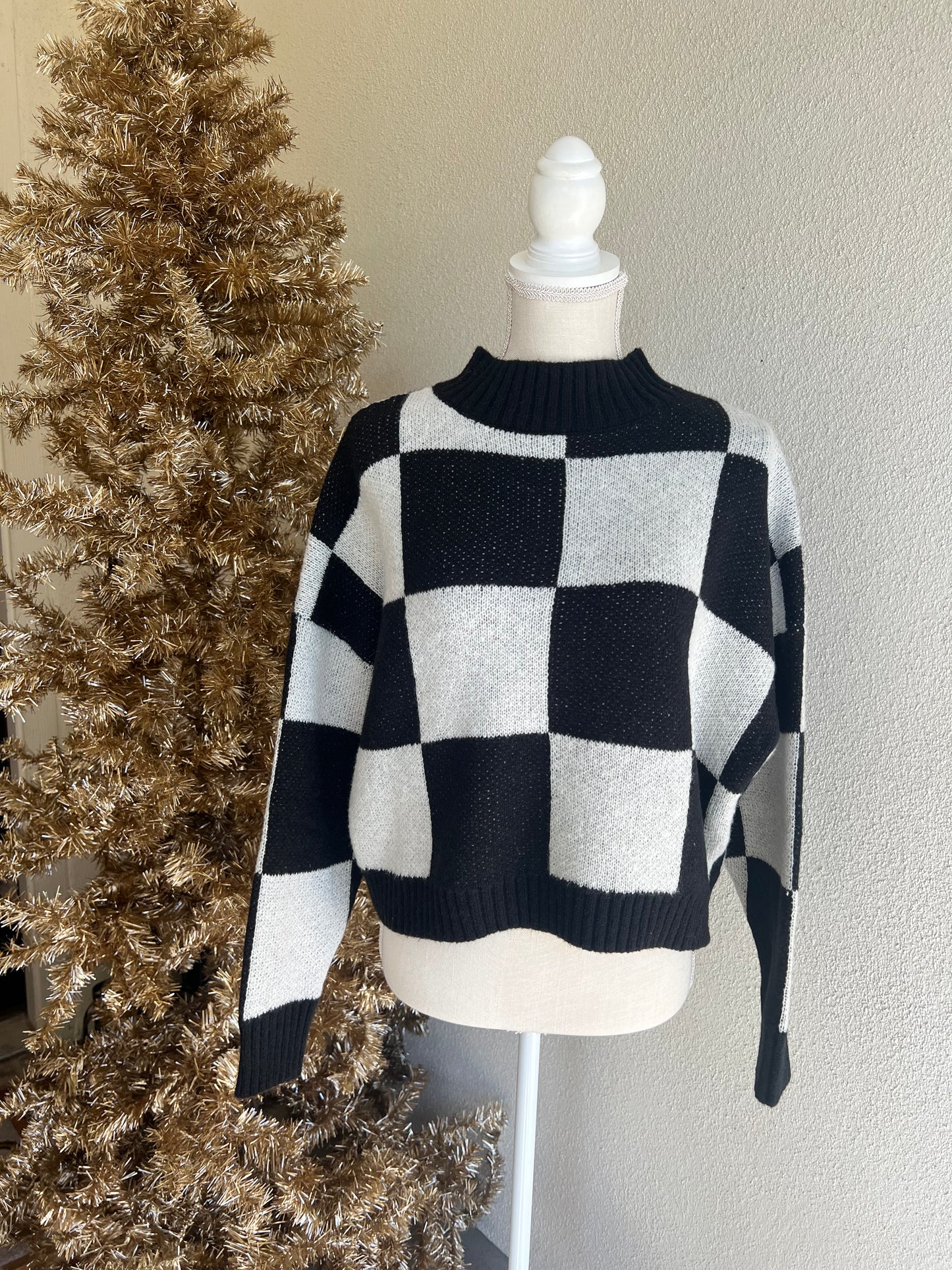 Black and White Checkered Crew High Neck Sweater