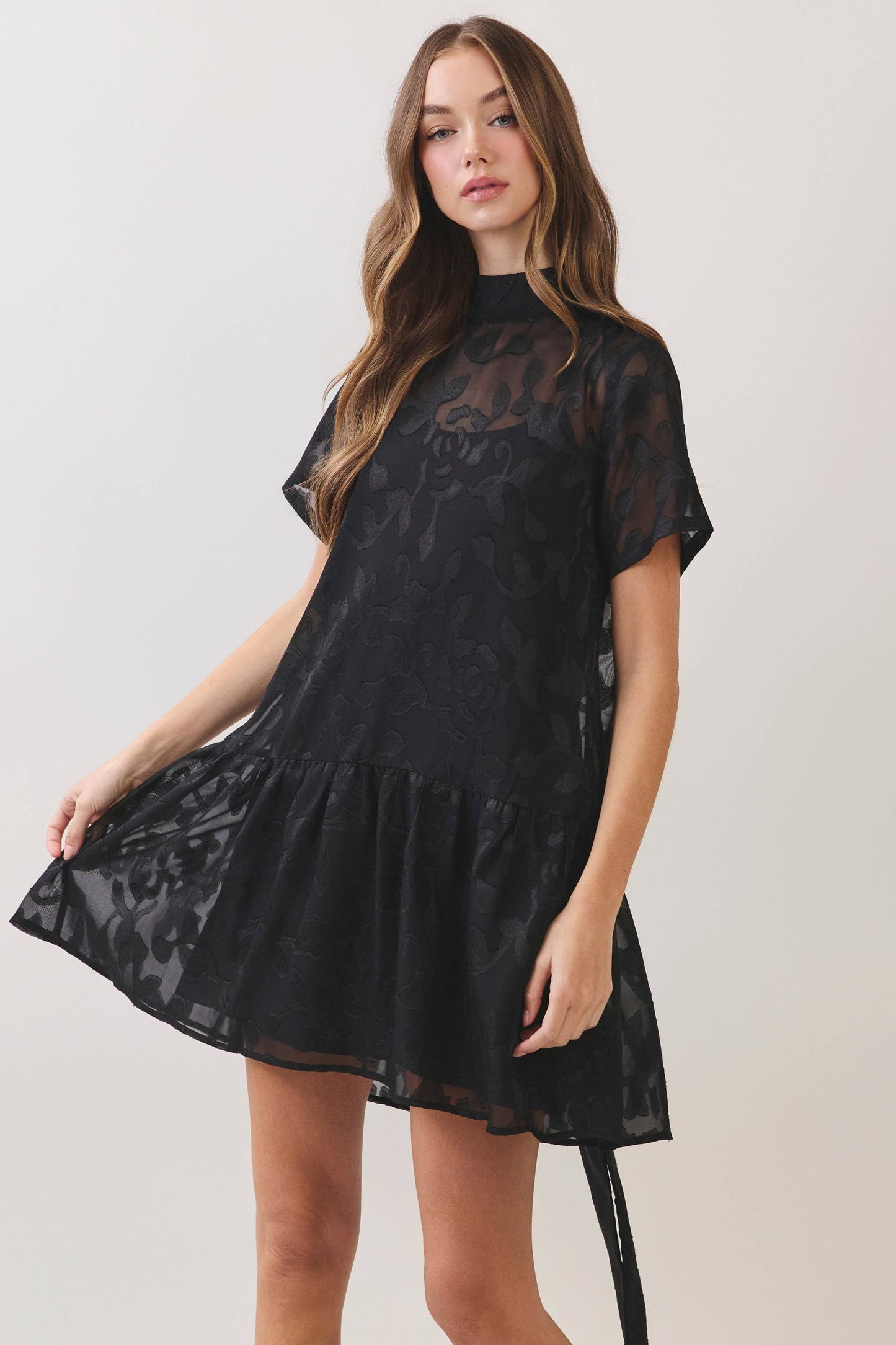 CD07493-Floral Jacquard Tie-Neck Mini Dress: OLIVE / S