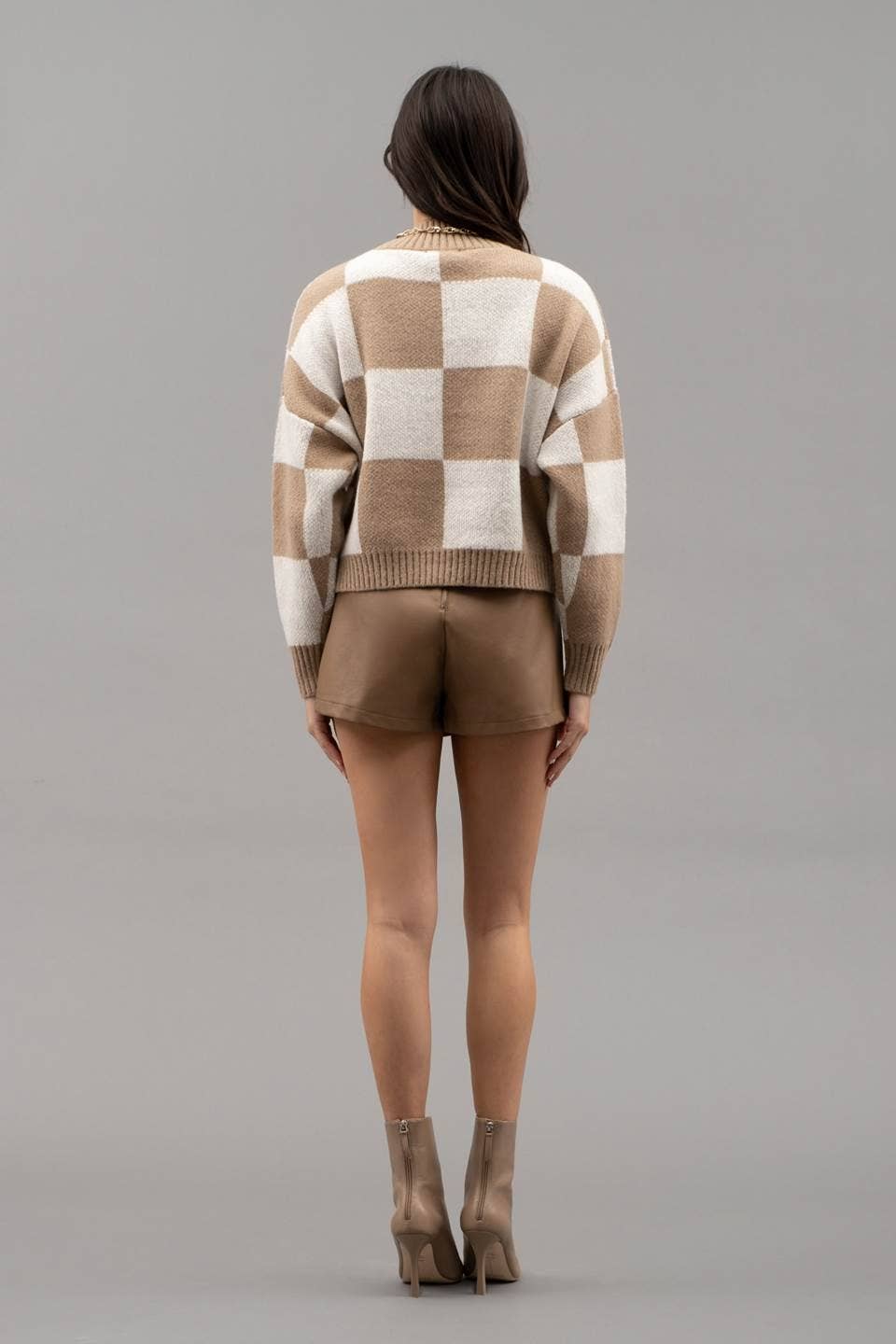 Beige and White Checkered Crew High Neck Sweater