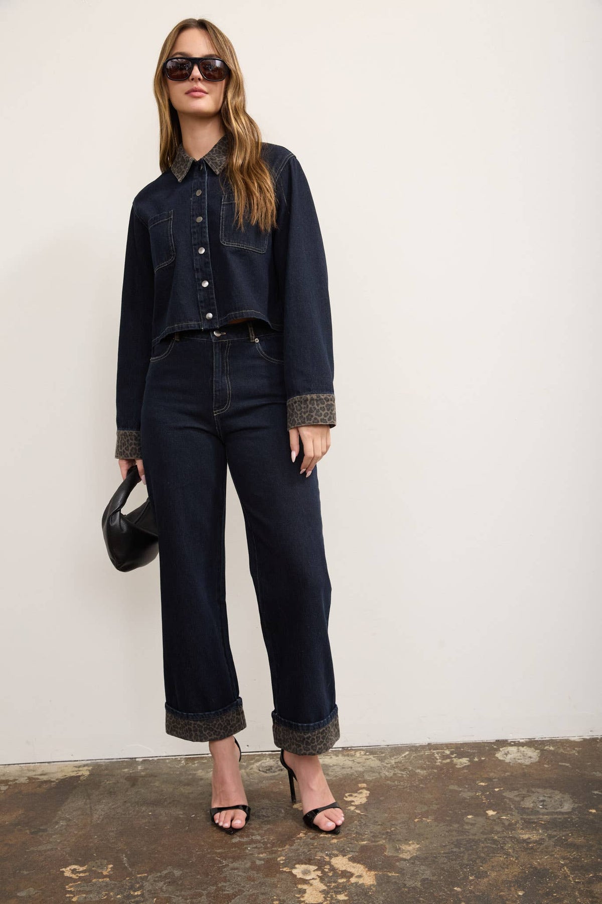 Leopard Cuff Wide Leg Denim Jeans