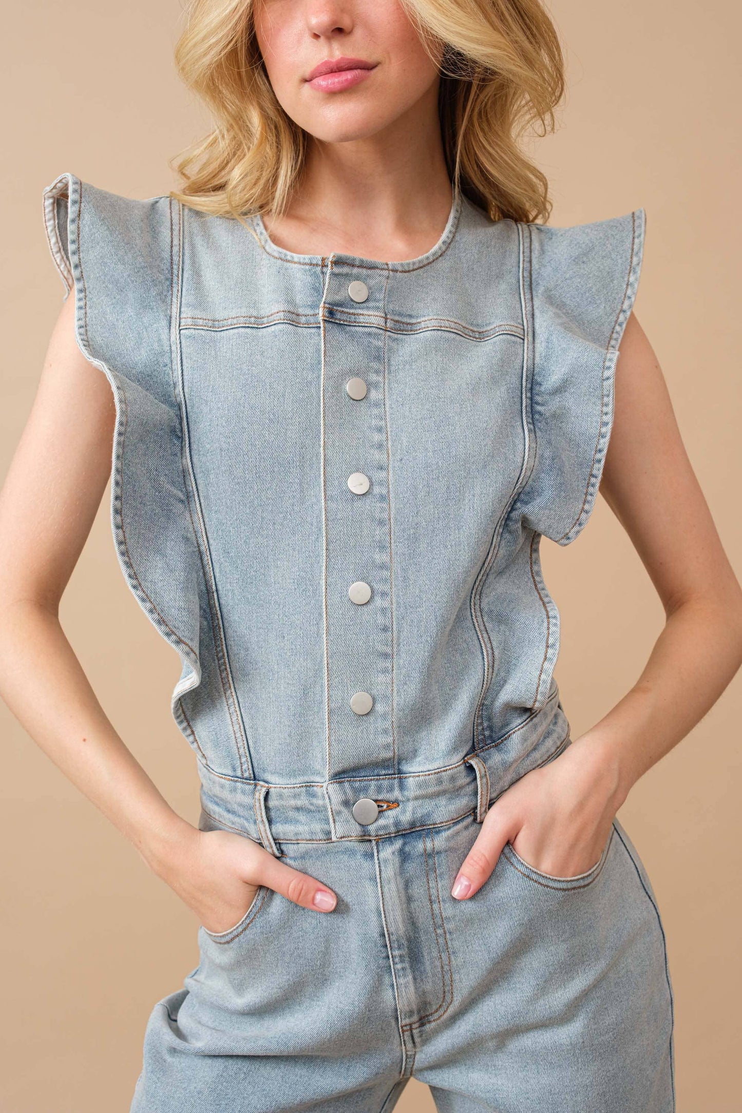 Ruffle Denim Jumpsuit
