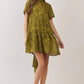 CD07493-Floral Jacquard Tie-Neck Mini Dress: OLIVE / S