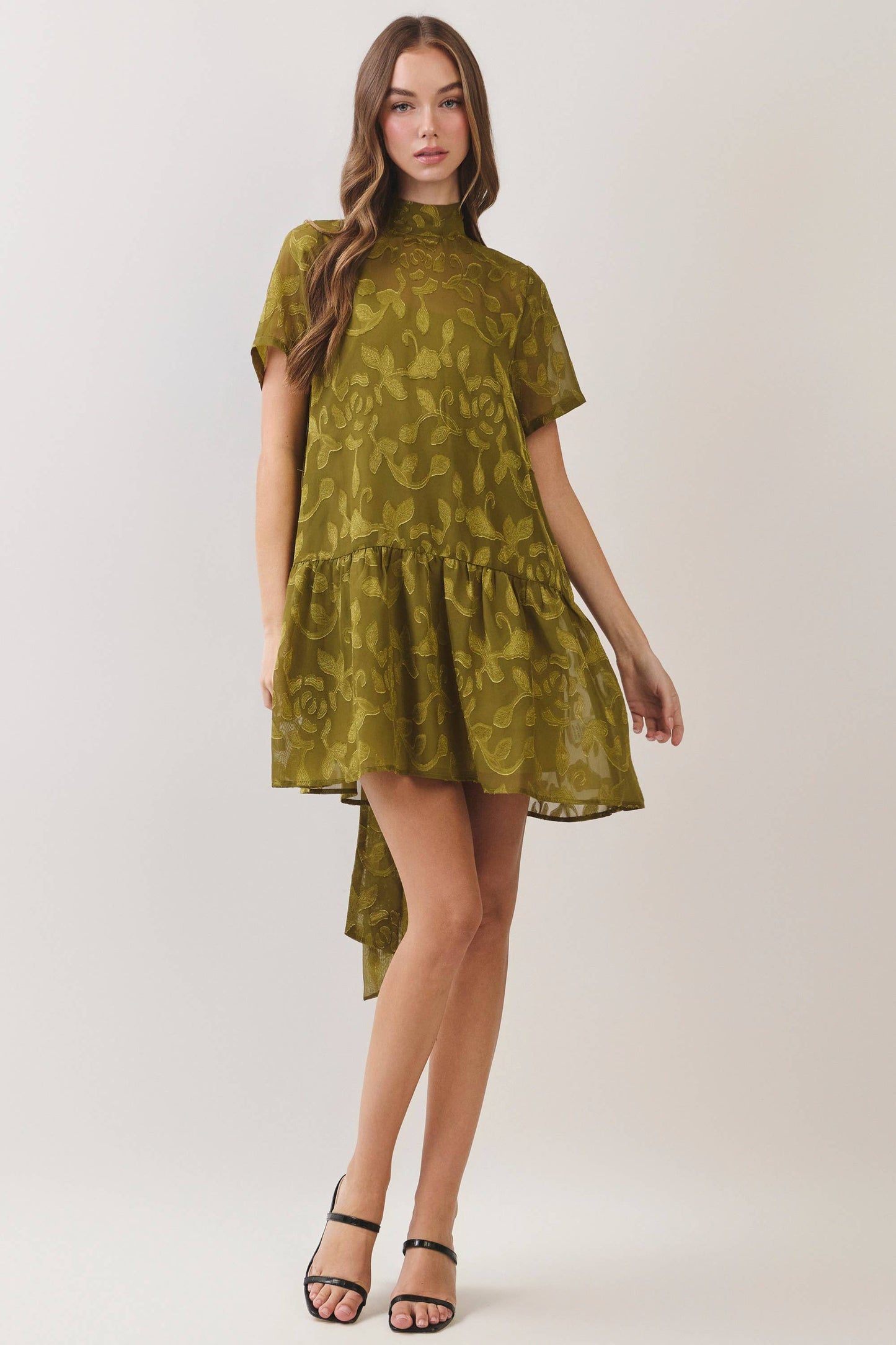 CD07493-Floral Jacquard Tie-Neck Mini Dress: OLIVE / S