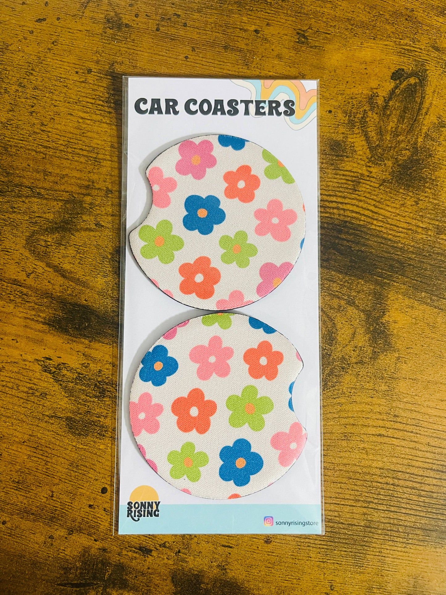 Groovy Colorful Daisy Design Car Coasters