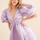 22541D - Solid Woven Balloon Puff Mini Dress: LAVENDER / S