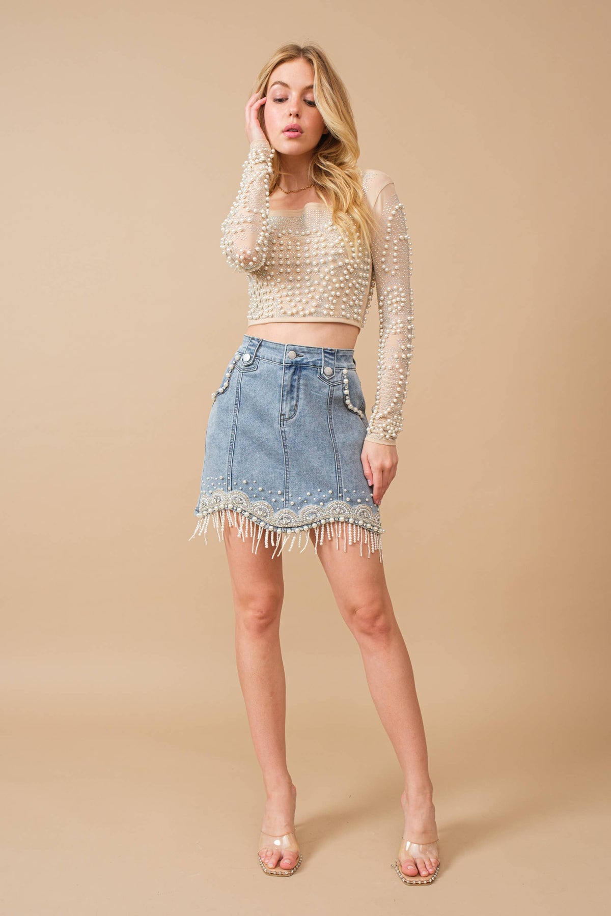 Embellished Denim Mini Skirt