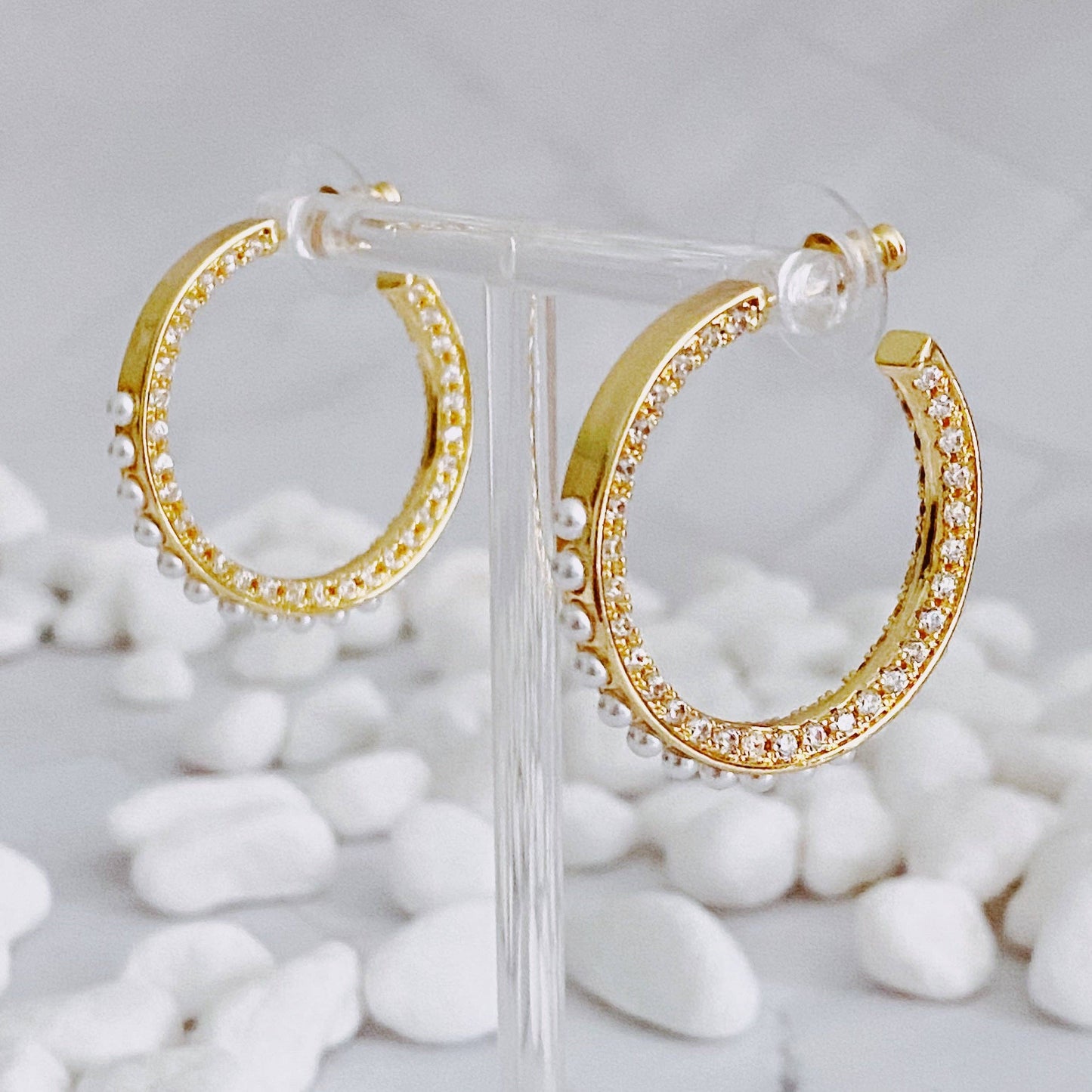 Gold and Pearl Hoop Earrings