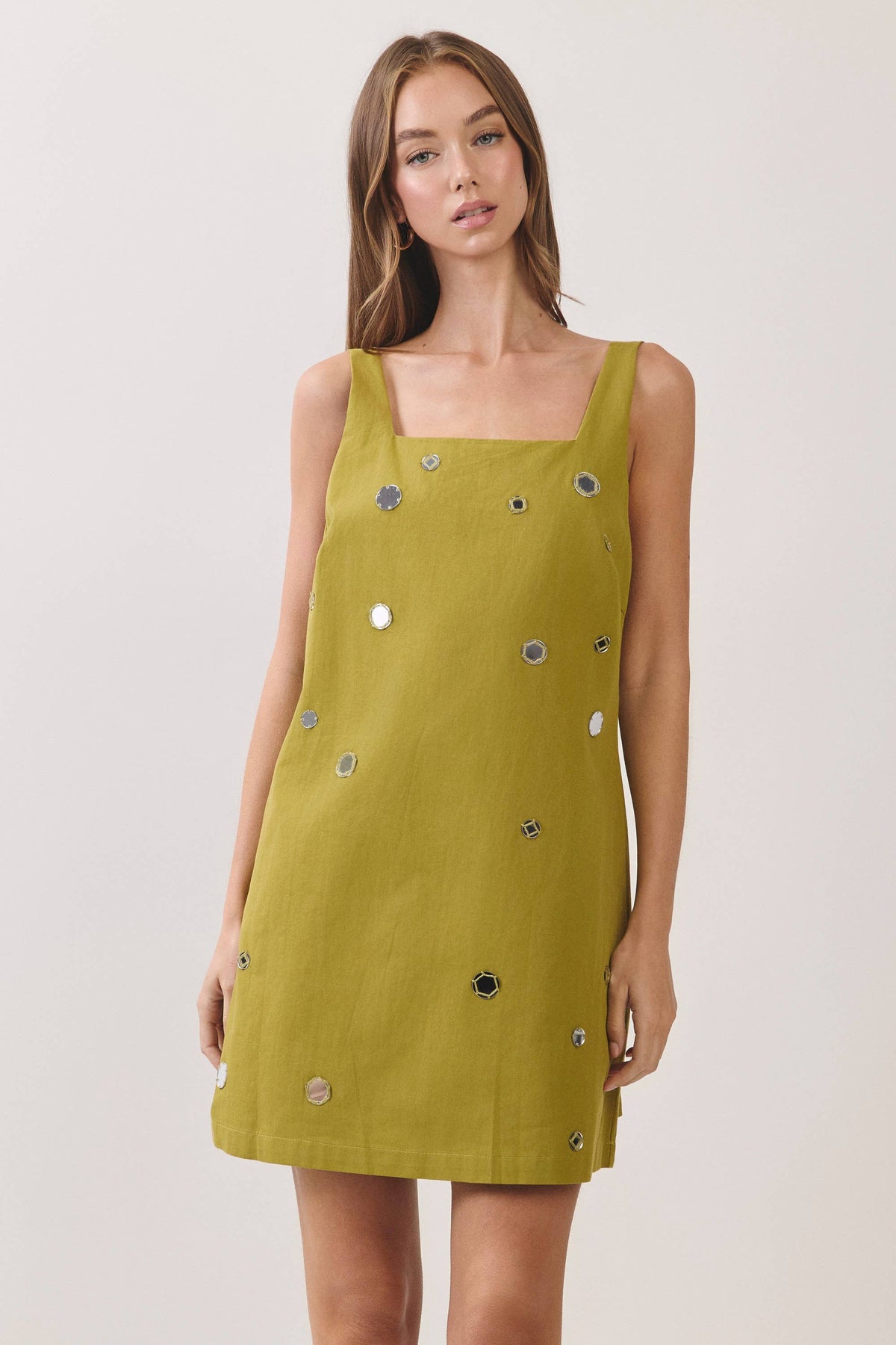 CD07446-Mirror Embellished A-Line Mini Dress: OLIVE / S