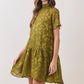 CD07493-Floral Jacquard Tie-Neck Mini Dress: OLIVE / S