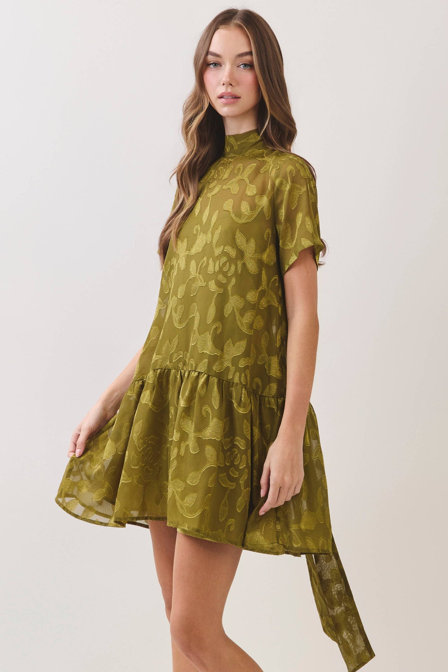 CD07493-Floral Jacquard Tie-Neck Mini Dress: OLIVE / S