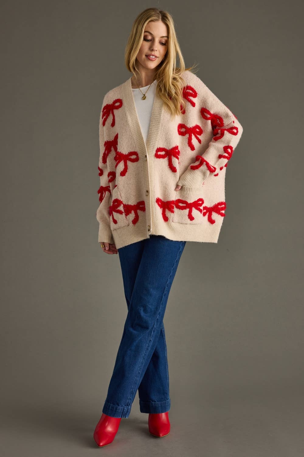Tan & Red Bow Cardigan