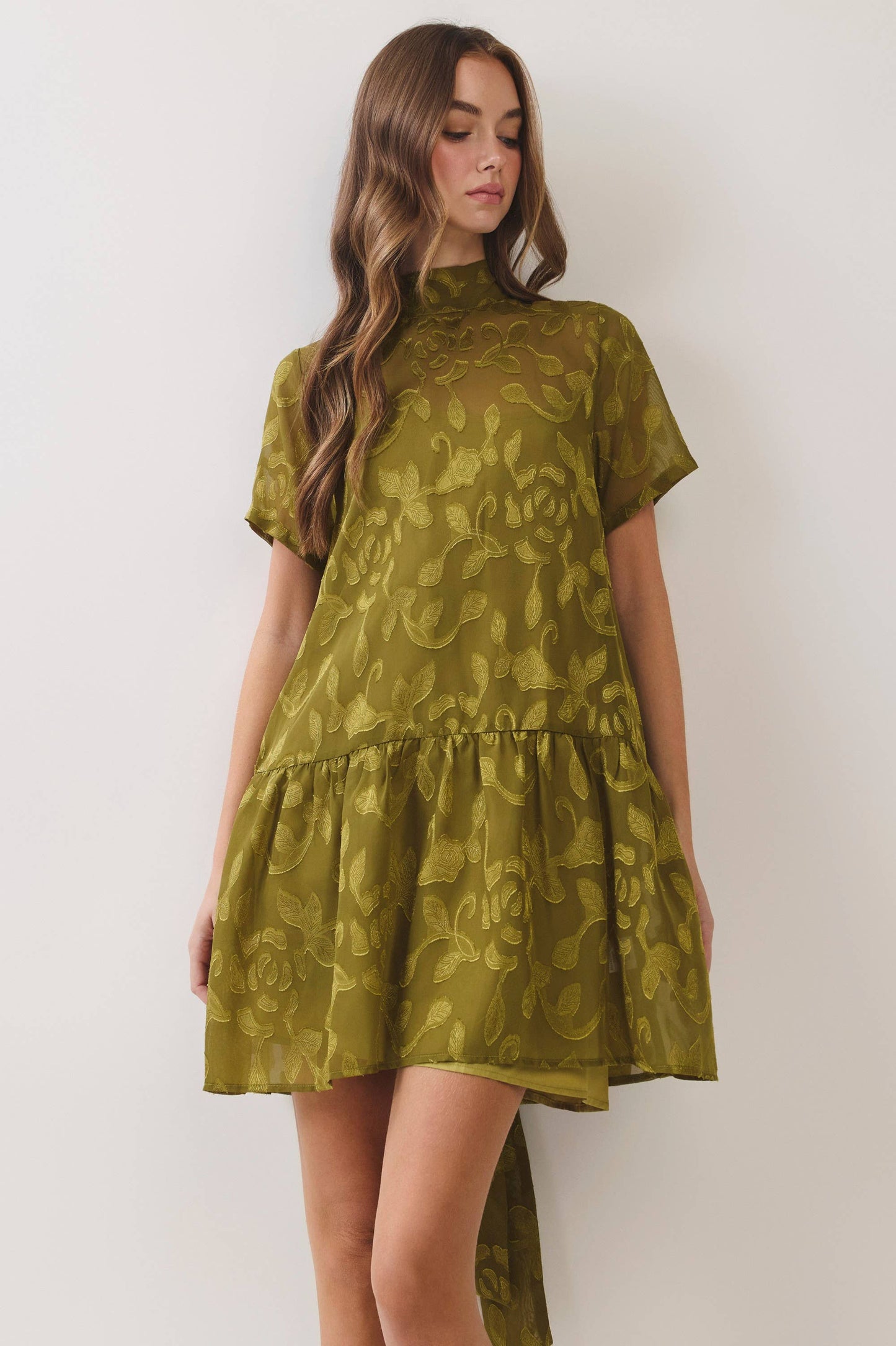 CD07493-Floral Jacquard Tie-Neck Mini Dress: OLIVE / S