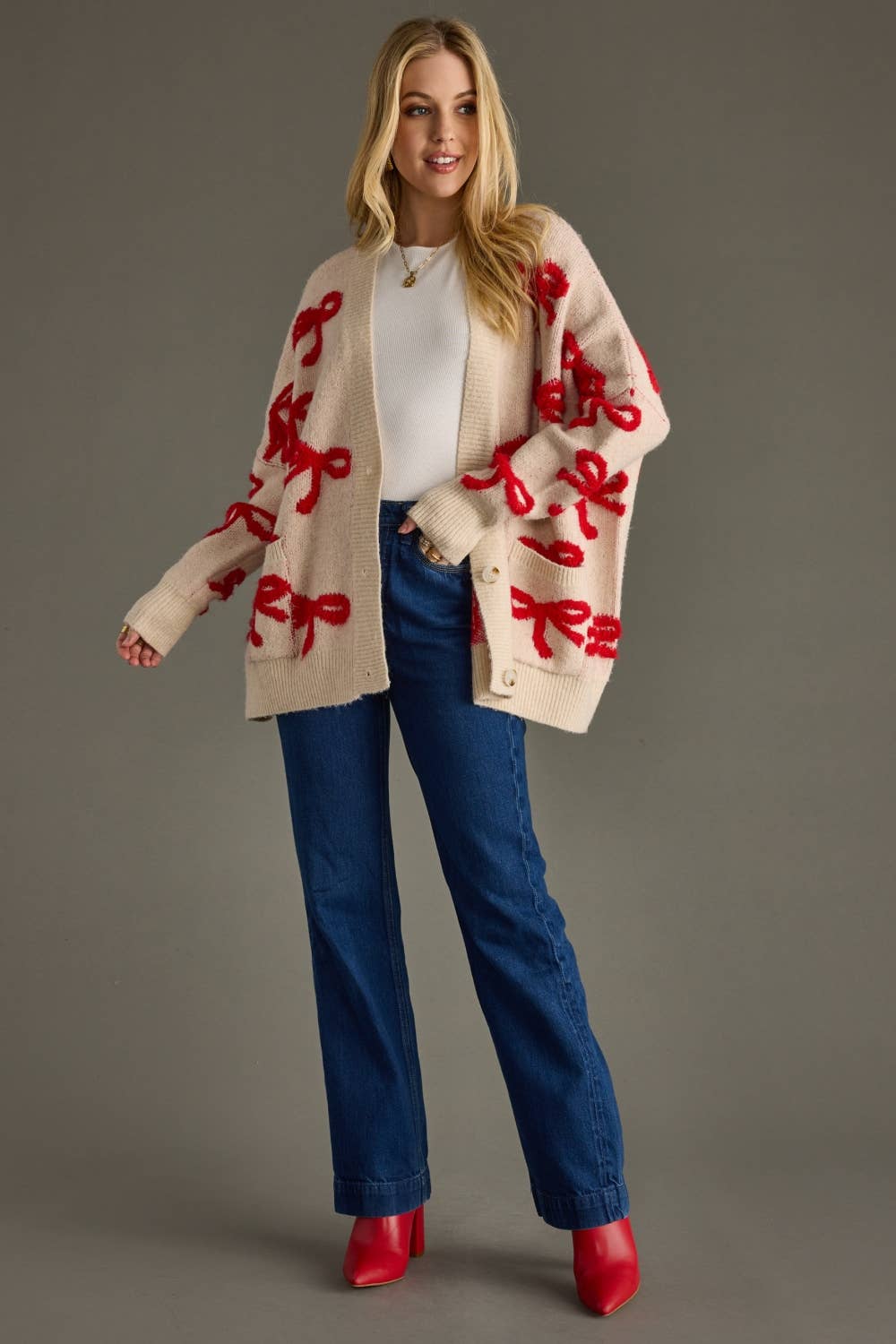 Tan & Red Bow Cardigan