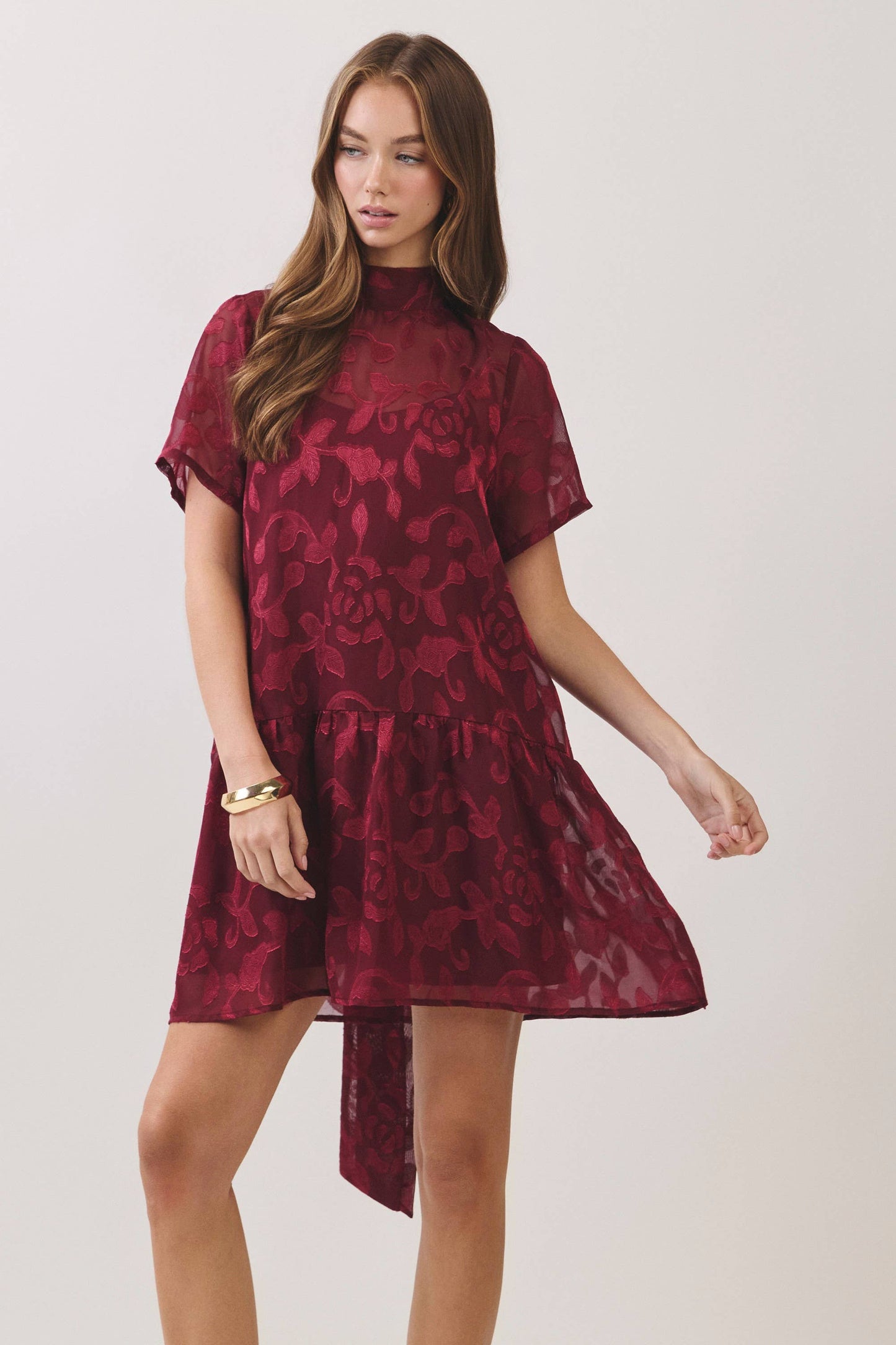 CD07493-Floral Jacquard Tie-Neck Mini Dress: OLIVE / S