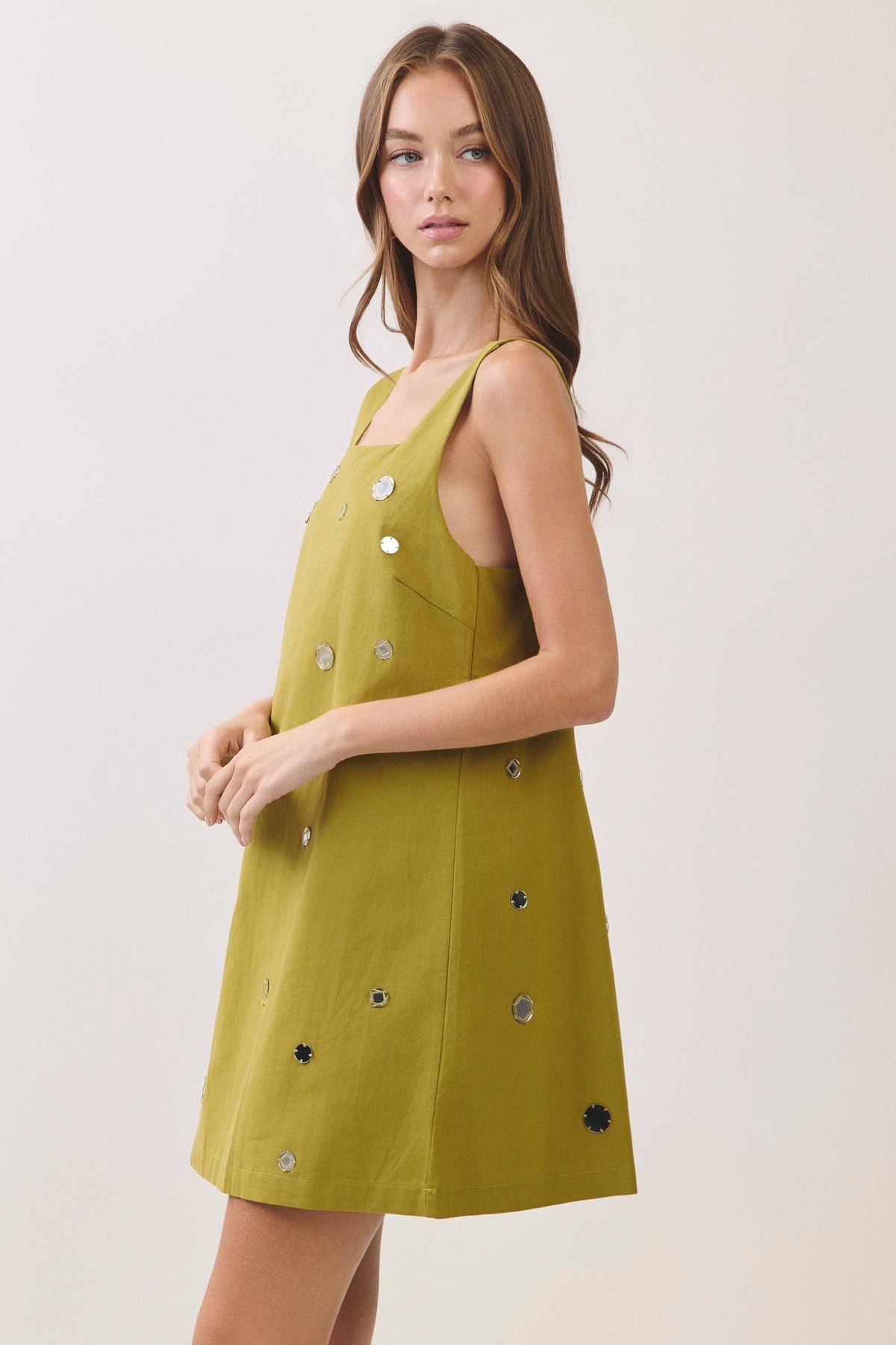 CD07446-Mirror Embellished A-Line Mini Dress: OLIVE / S