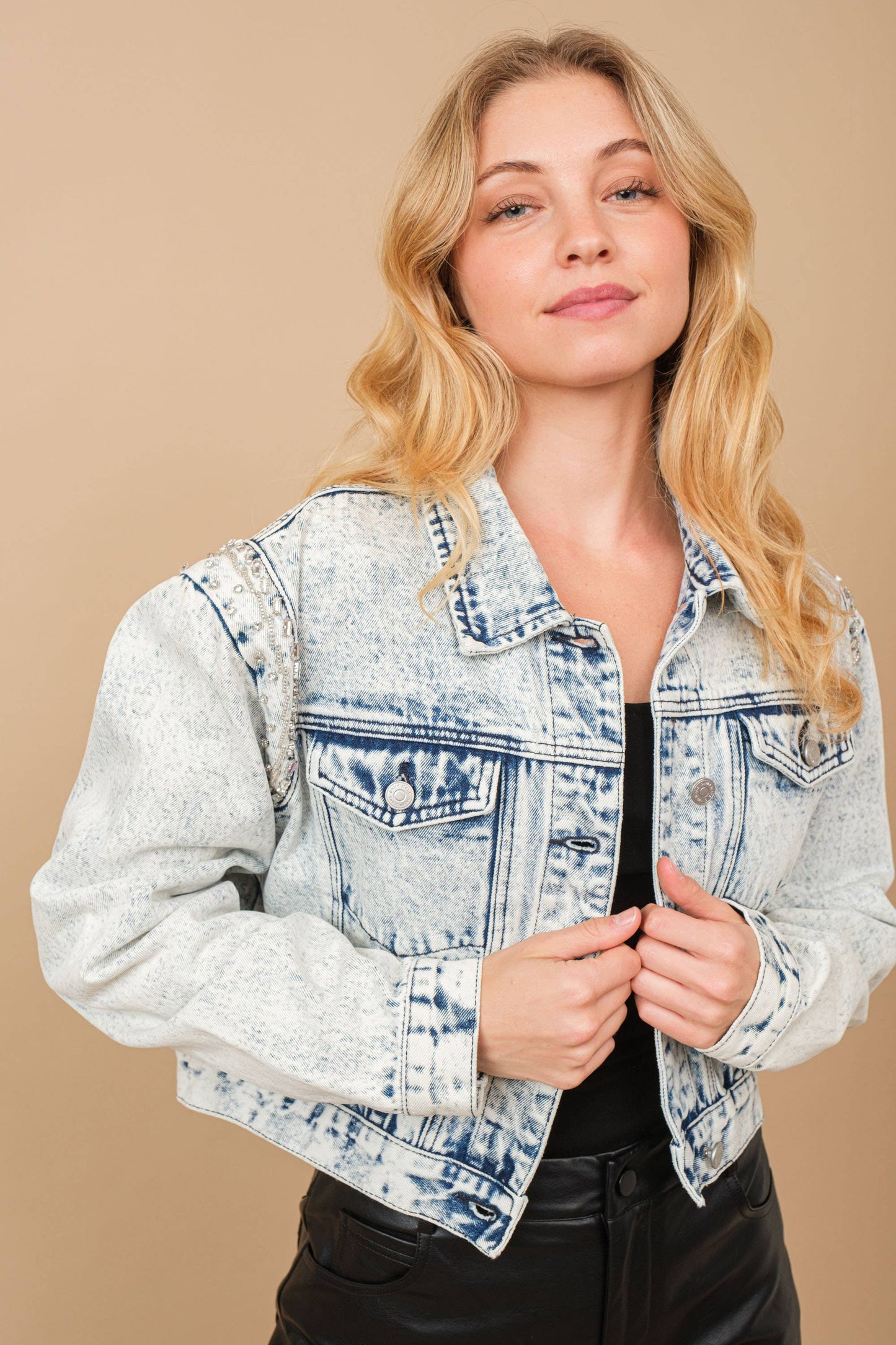 Acid Washed Embellished Denim Jacket