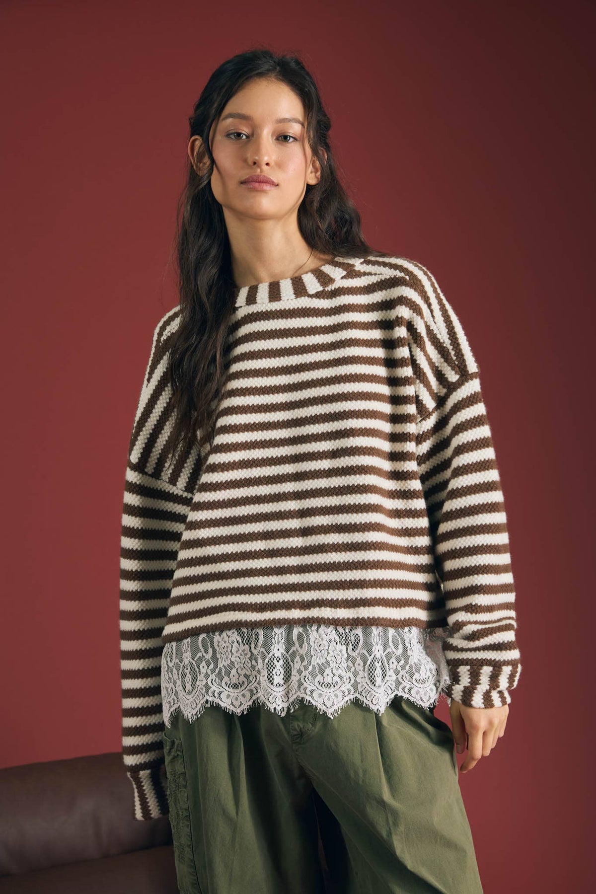 Lace Hem Striped Top