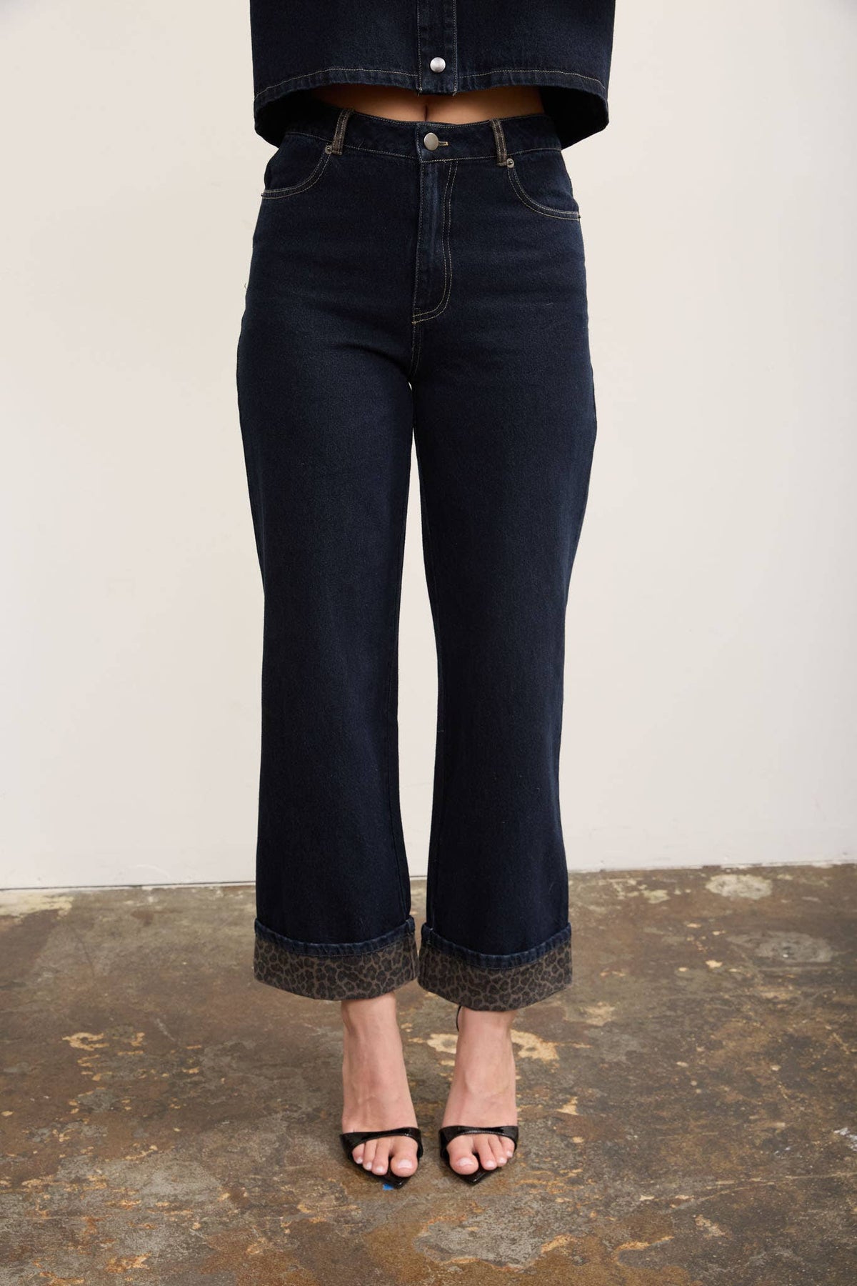 Leopard Cuff Wide Leg Denim Jeans
