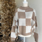 Beige and White Checkered Crew High Neck Sweater