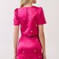 CT10024-Floral Appliqué Accent Satin Crop Top: MAGENTA / S