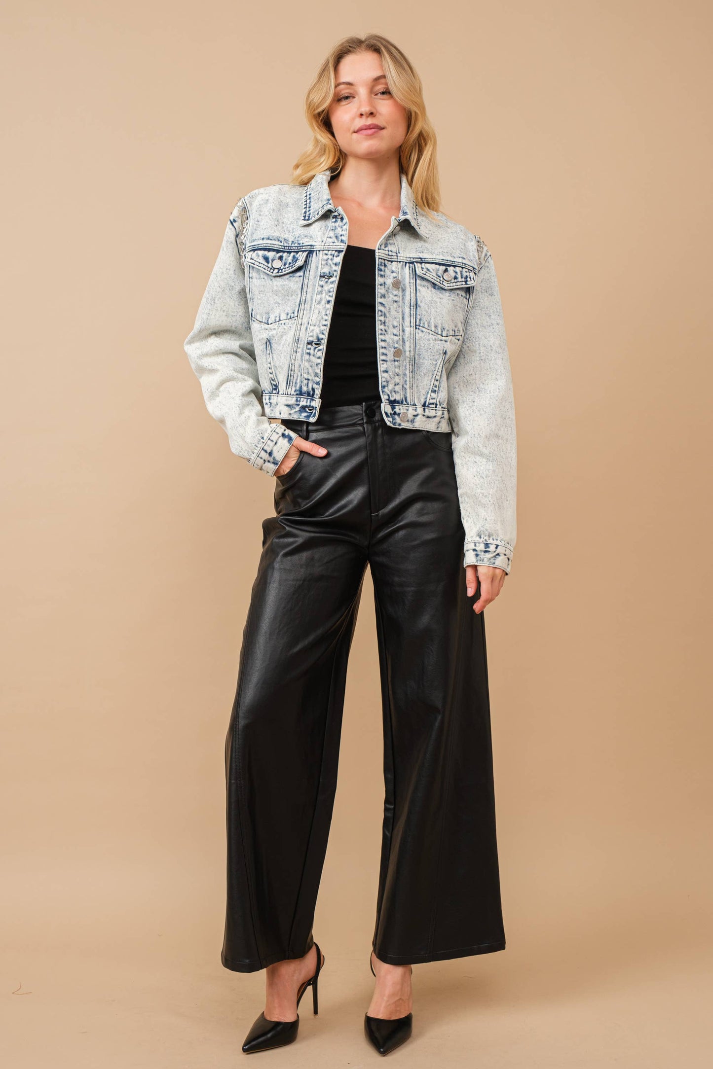 Acid Washed Embellished Denim Jacket