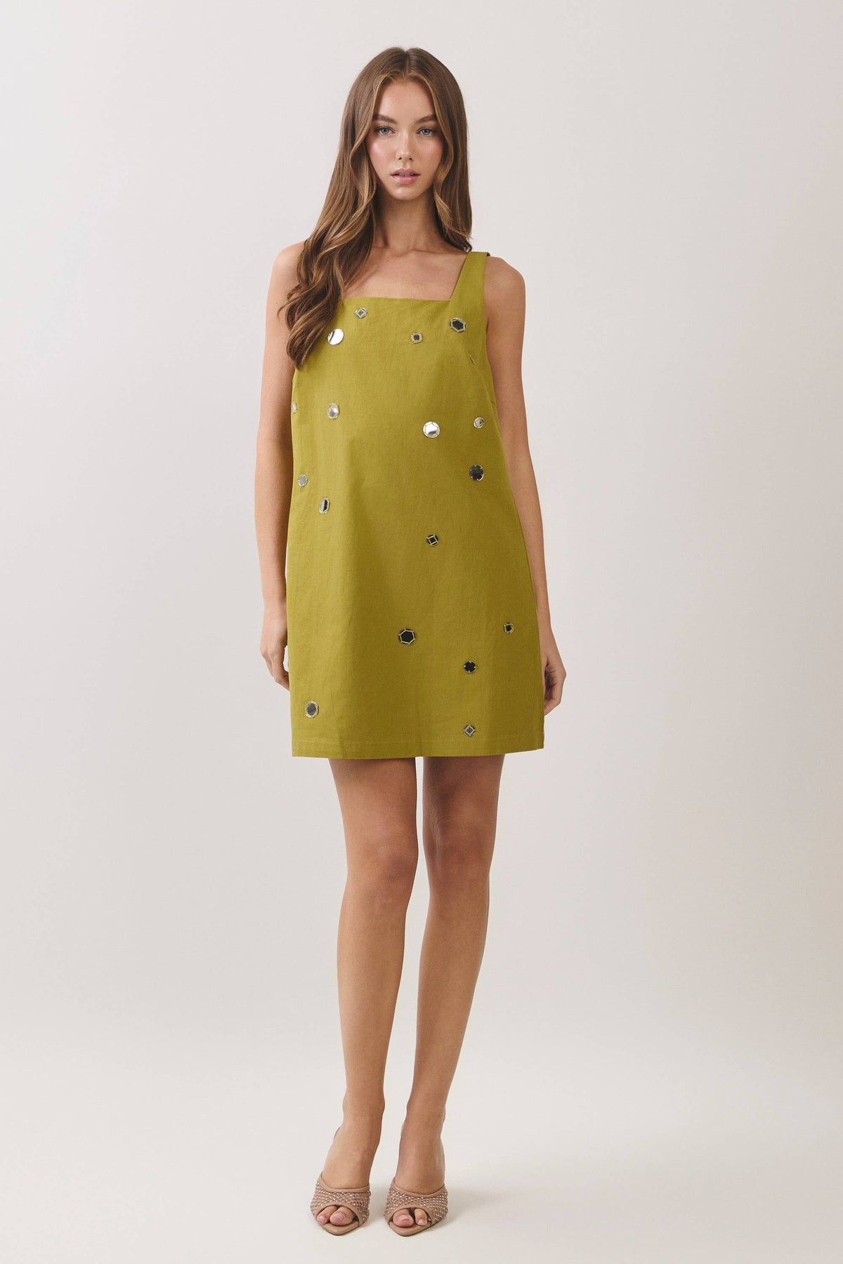 CD07446-Mirror Embellished A-Line Mini Dress: OLIVE / S