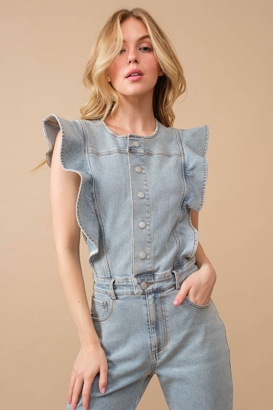 22646R - Ruffle SLV Button Up Bell Bottom Denim Jumpsuit: LIGHT WASH / S