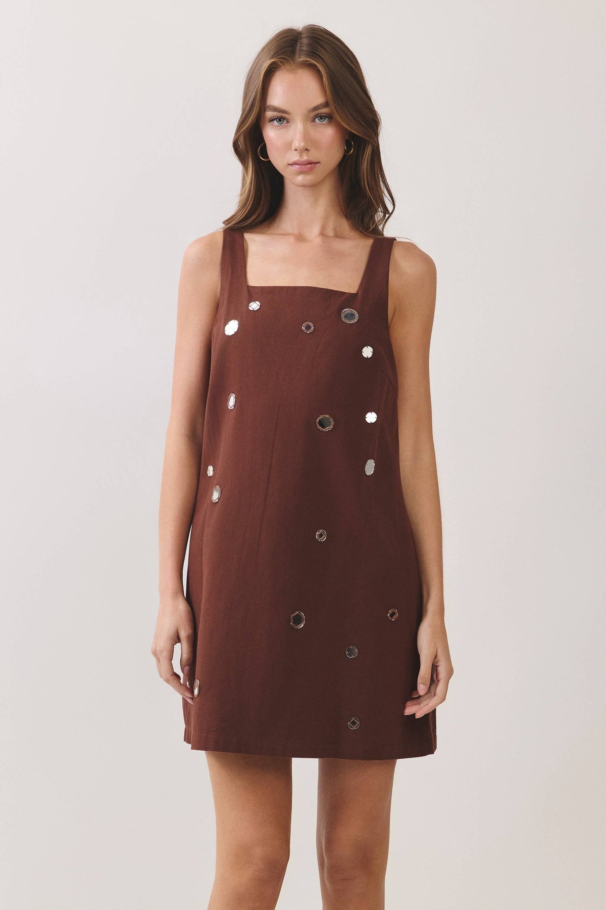 CD07446-Mirror Embellished A-Line Mini Dress: OLIVE / S