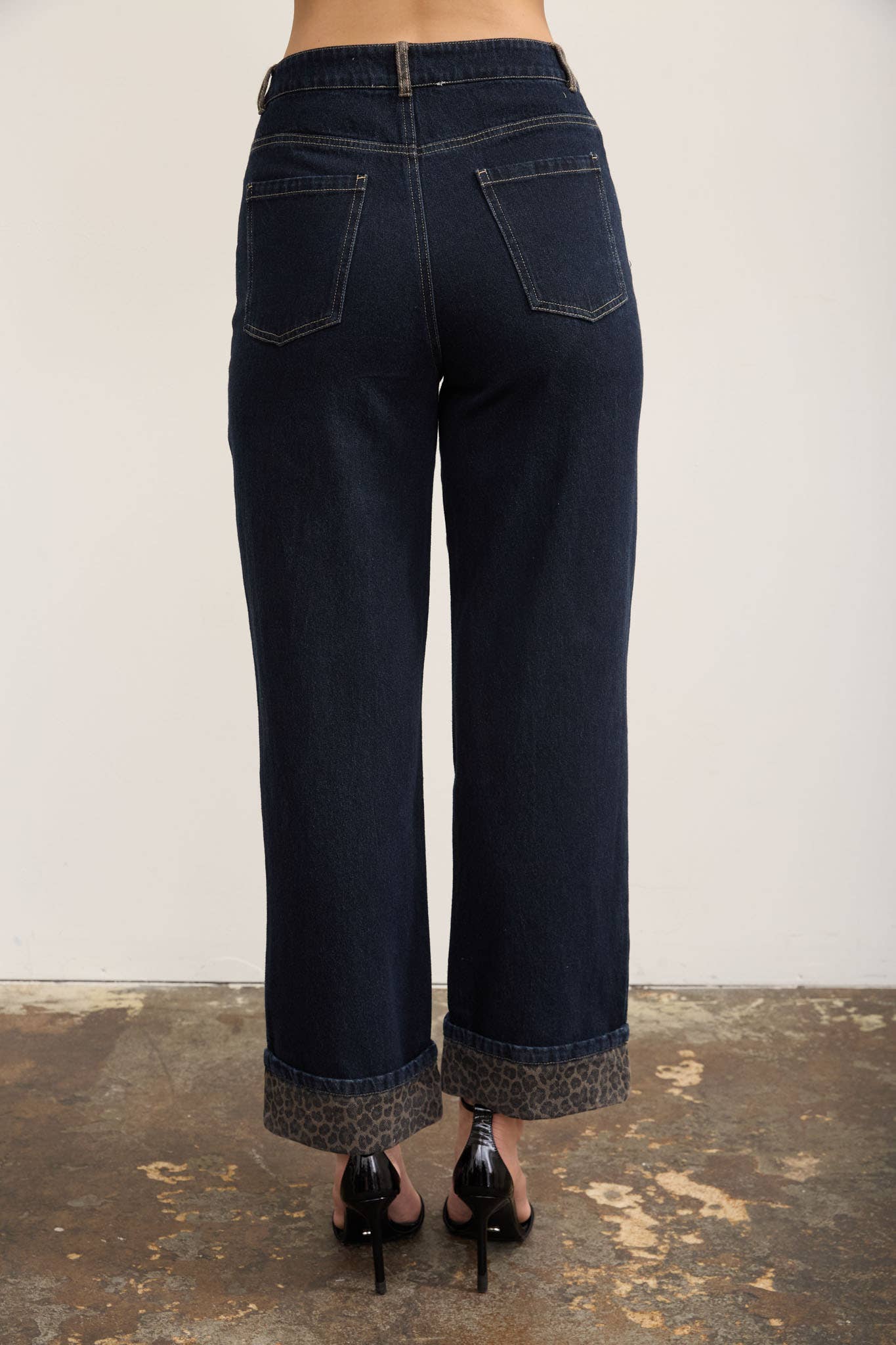 Leopard Cuff Wide Leg Denim Jeans