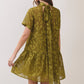 CD07493-Floral Jacquard Tie-Neck Mini Dress: OLIVE / S