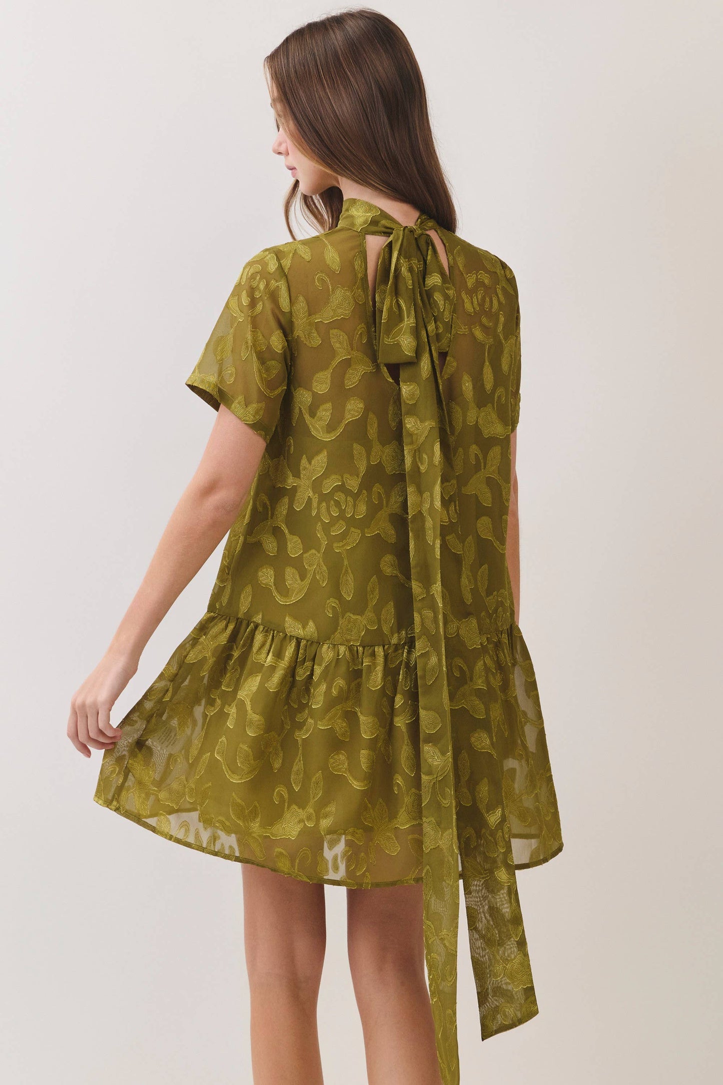 CD07493-Floral Jacquard Tie-Neck Mini Dress: OLIVE / S