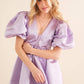 22541D - Solid Woven Balloon Puff Mini Dress: LAVENDER / S