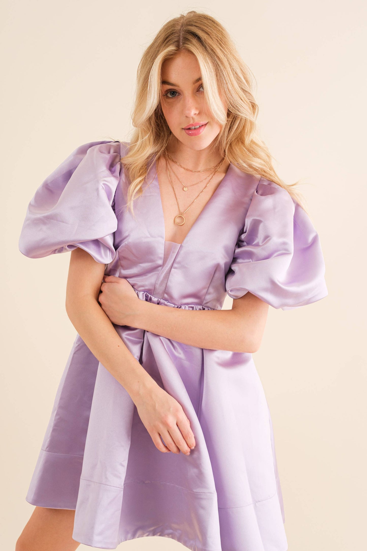 22541D - Solid Woven Balloon Puff Mini Dress: LAVENDER / S