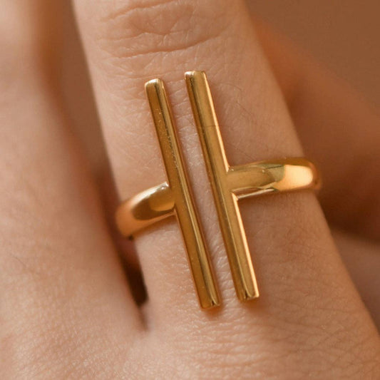 18K Gold PVD Plated Waterproof Stainless Steel Double Bar Ring – 7932: S0OX3T7932