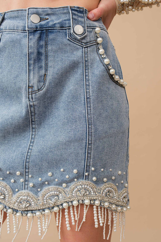 80038S - Stretch Denim Embellished Pearl Fringe Mini Skirt: MED WASH / S