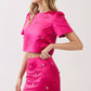CT10024-Floral Appliqué Accent Satin Crop Top: MAGENTA / S