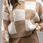 Beige and White Checkered Crew High Neck Sweater