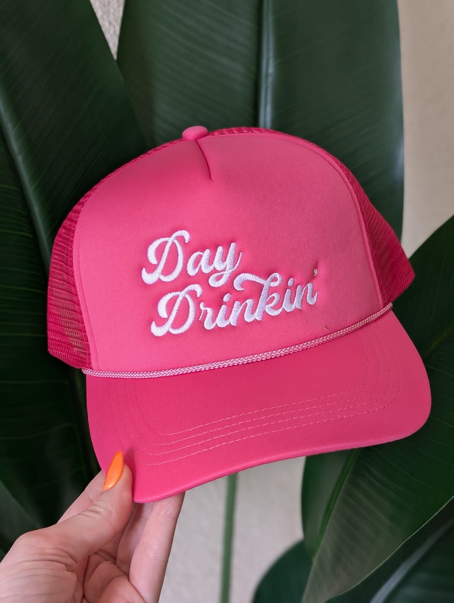 Day Drinkin Embroidered Trucker Hat Pink