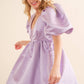 22541D - Solid Woven Balloon Puff Mini Dress: LAVENDER / S