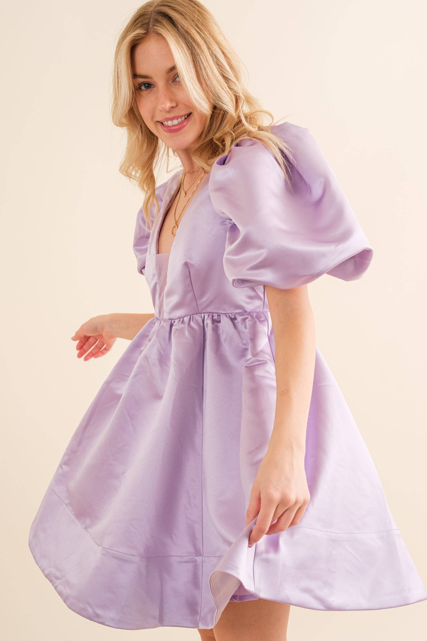 22541D - Solid Woven Balloon Puff Mini Dress: LAVENDER / S