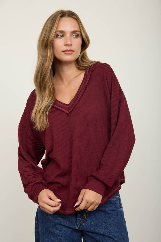 V Neck Raw Edge Knit Top