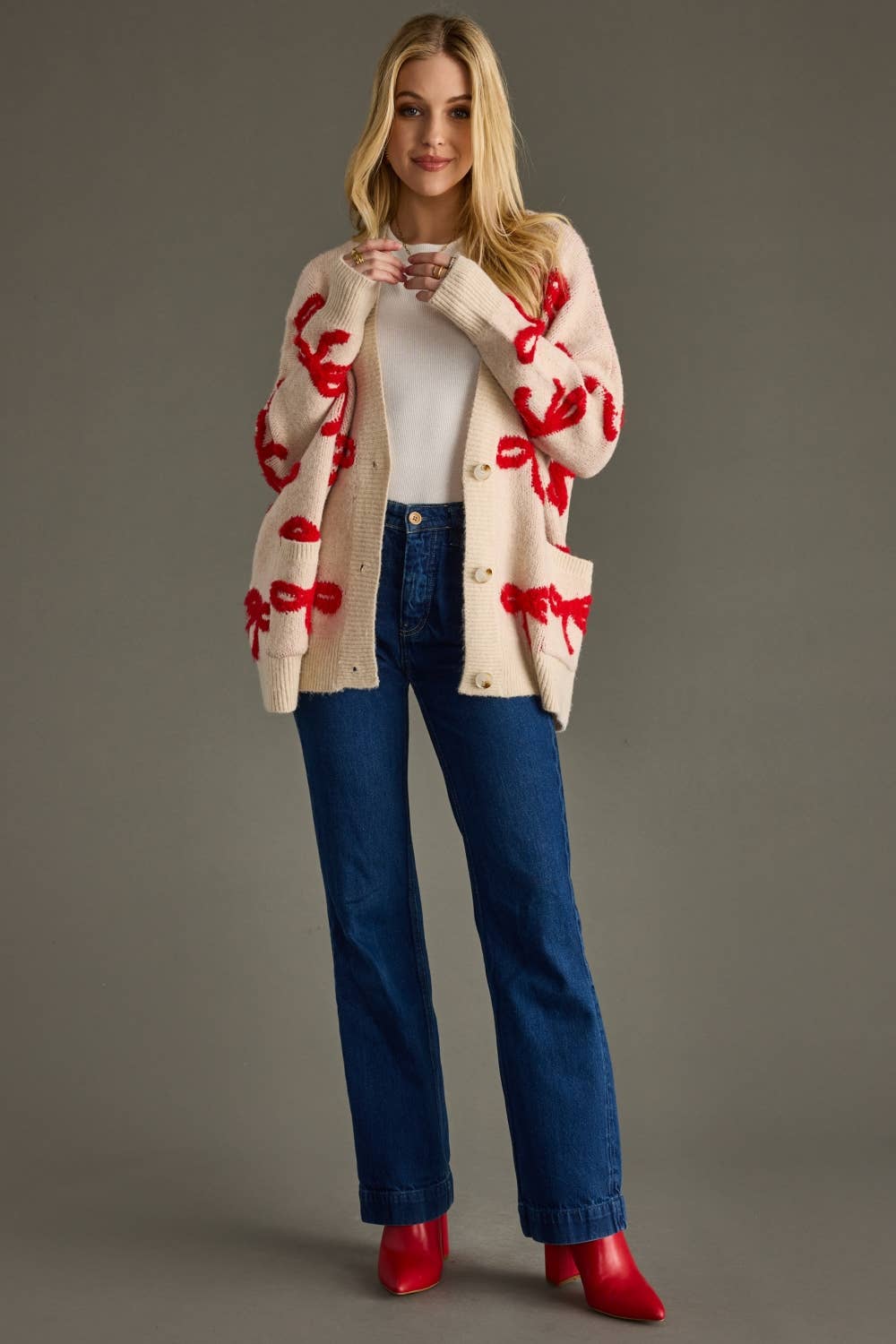 Tan & Red Bow Cardigan