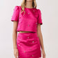 CT10024-Floral Appliqué Accent Satin Crop Top: MAGENTA / S