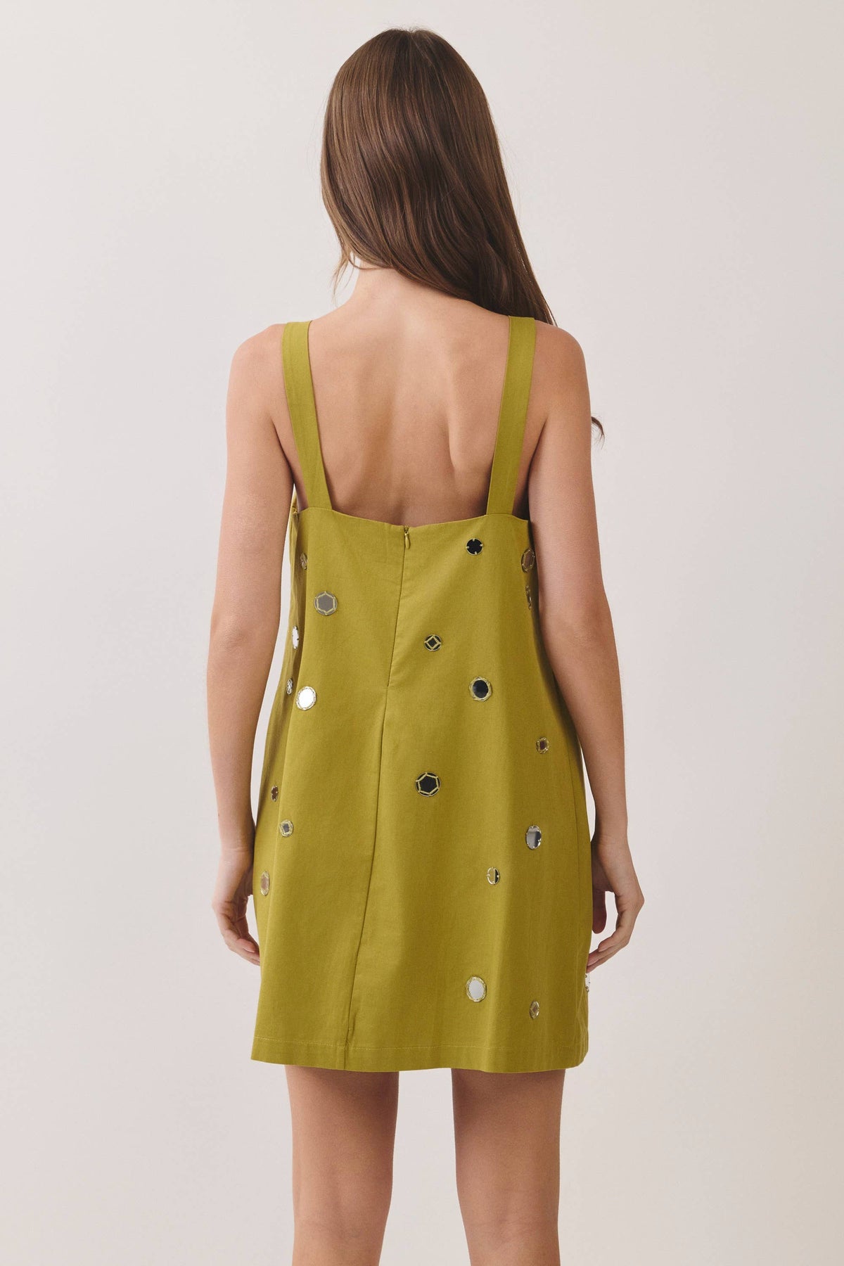 CD07446-Mirror Embellished A-Line Mini Dress: OLIVE / S