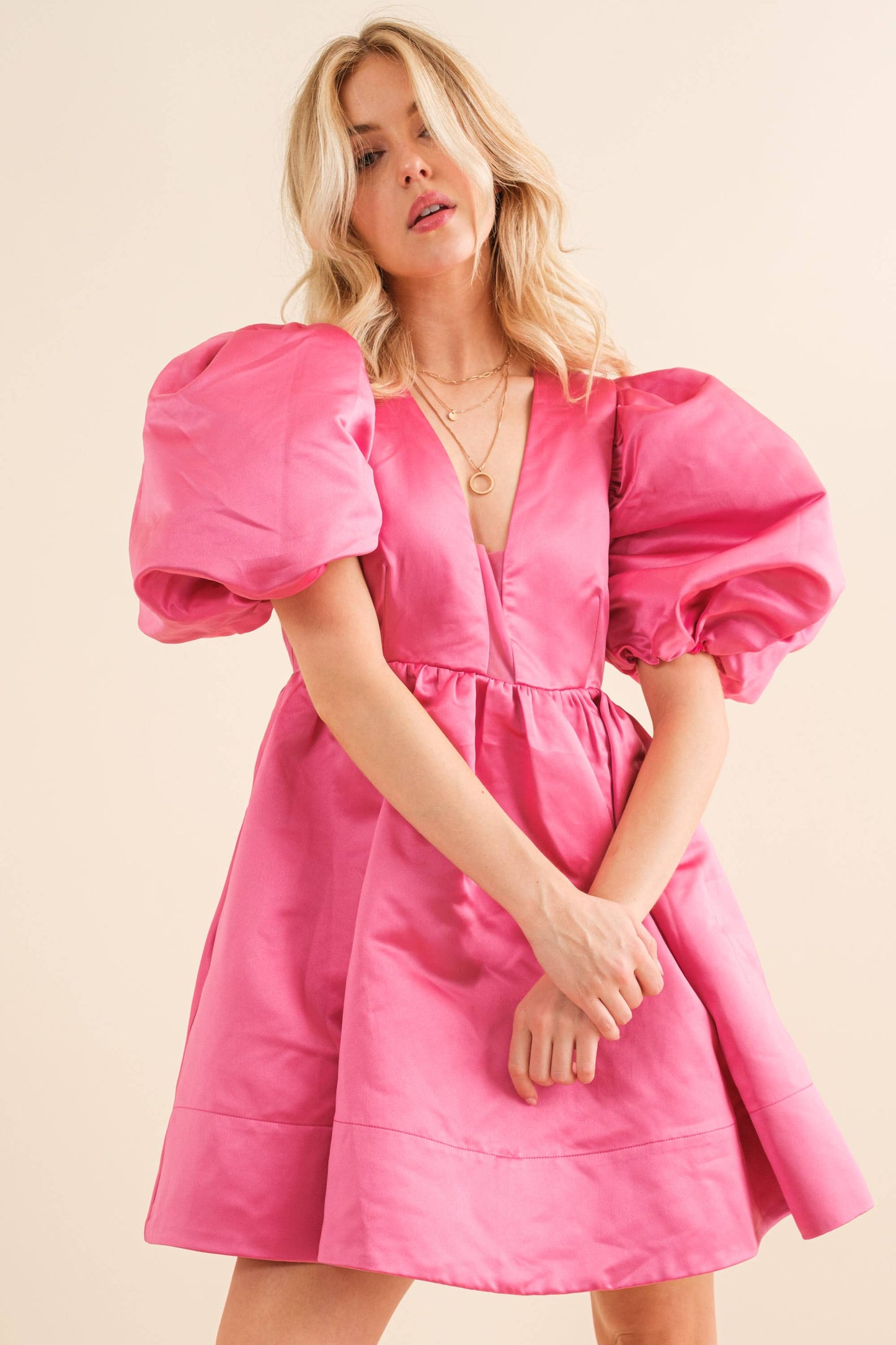 22541D - Solid Woven Balloon Puff Mini Dress: LAVENDER / S