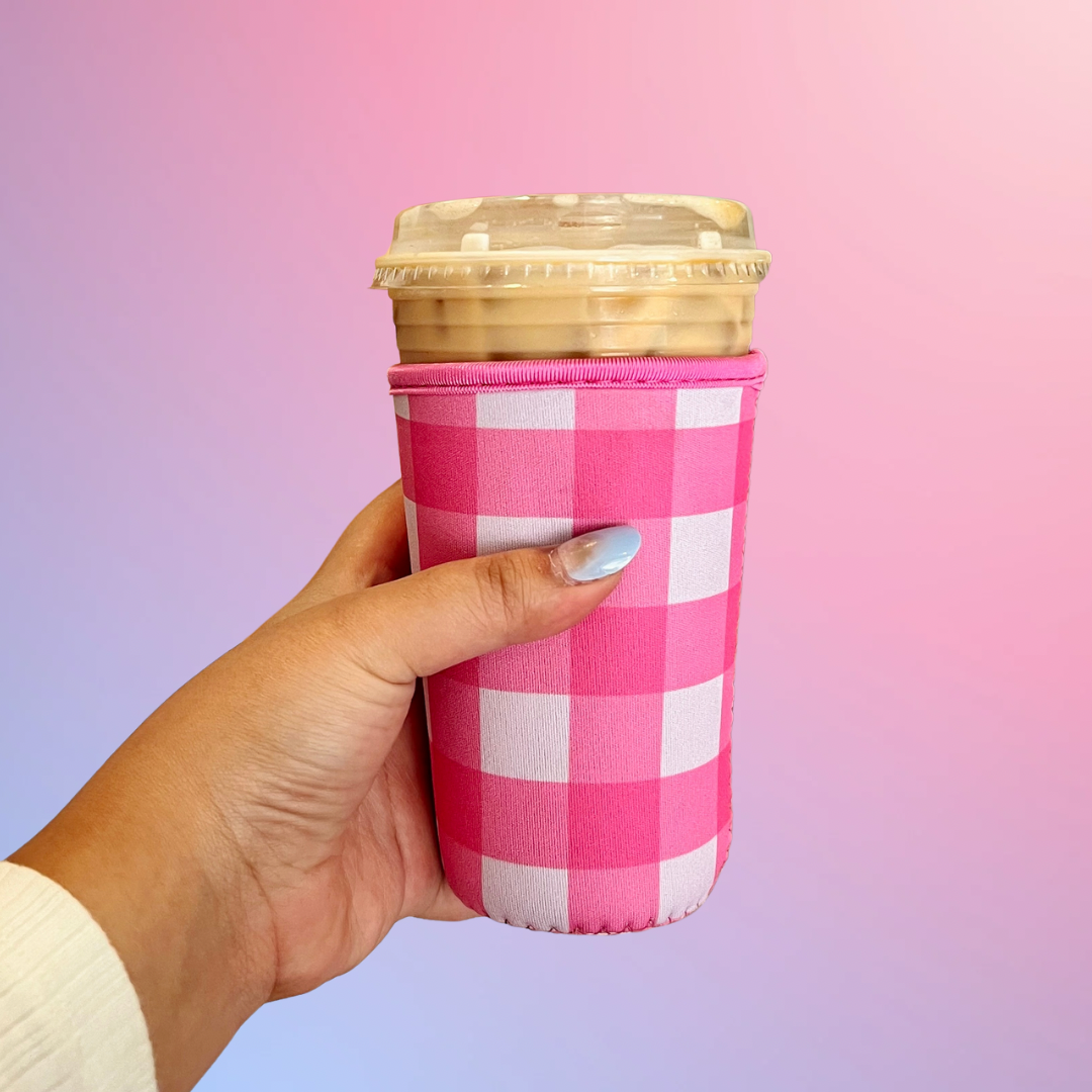 Pink Gingham Iced Coffee Sleeve: Large (22-24oz)
