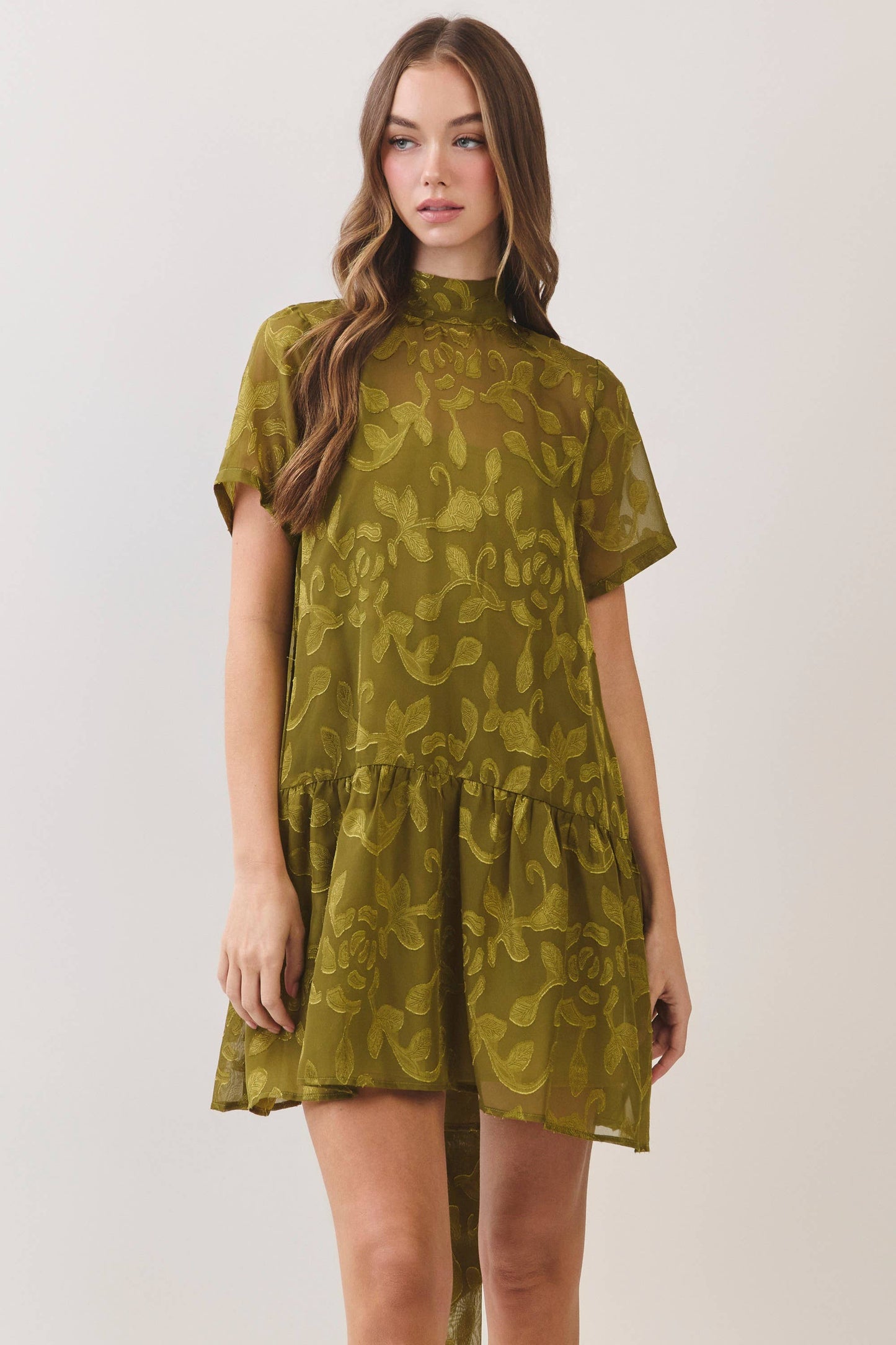 CD07493-Floral Jacquard Tie-Neck Mini Dress: OLIVE / S