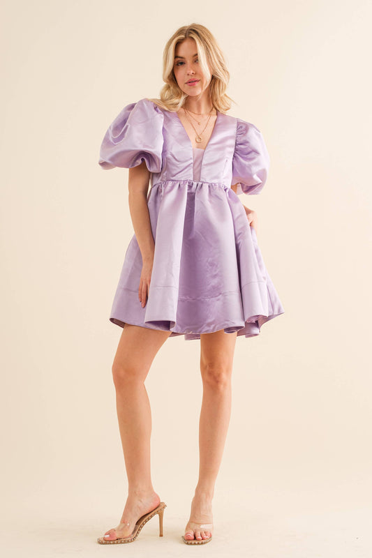 22541D - Solid Woven Balloon Puff Mini Dress: LAVENDER / S